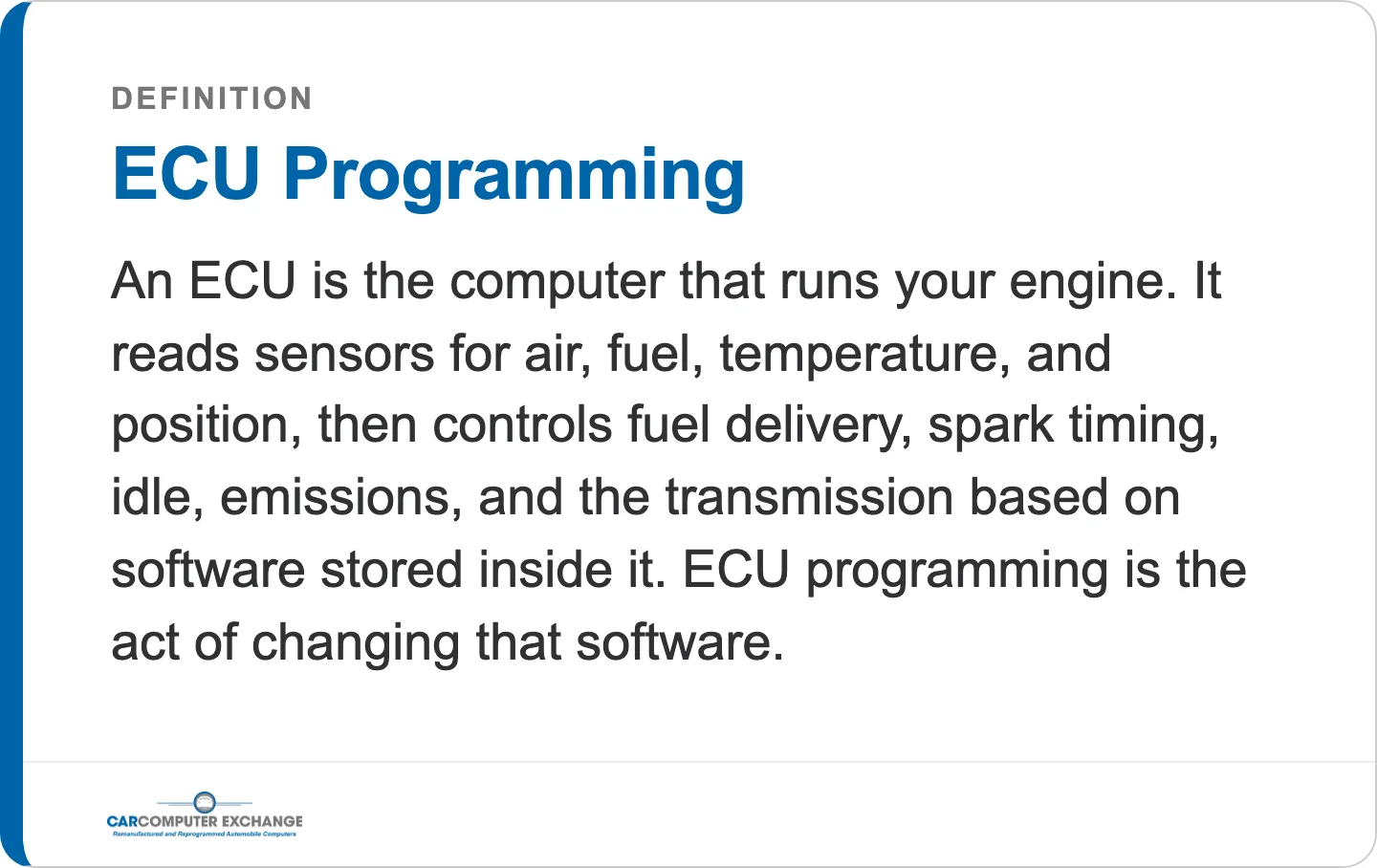 Definition card: ECU programming is the act of changing a vehicle computer's software