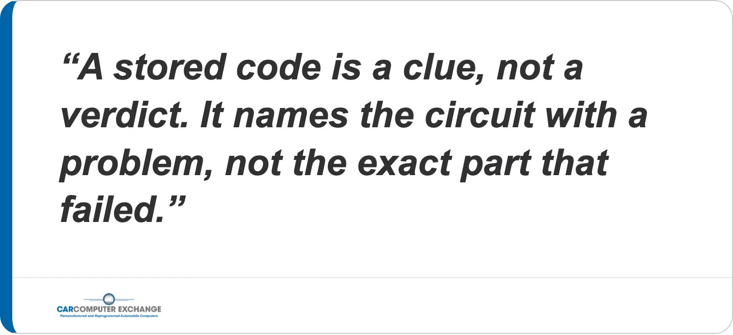 A stored code is a clue, not a verdict. It names the circuit with a problem, not the exact part that failed.