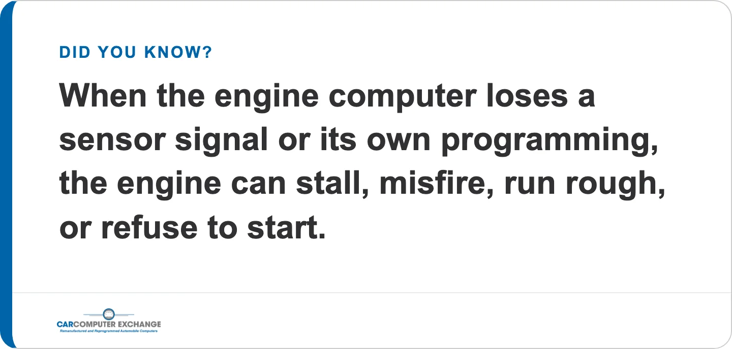 When the ECU loses a sensor signal or its own programming, the engine can stall, misfire, run rough, or refuse to start
