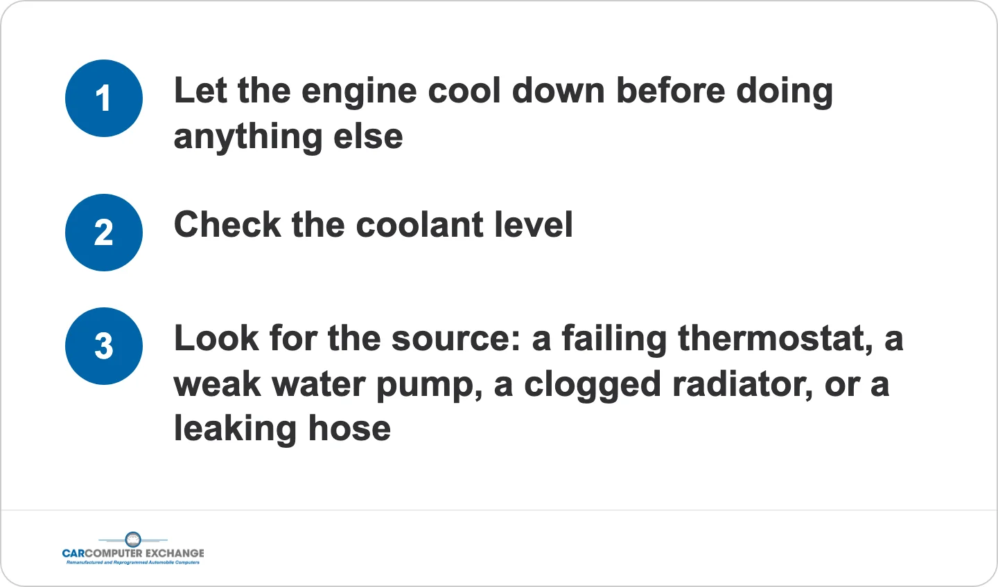 Overheating limp mode steps: 1. Let the engine cool down before doing anything else. 2. Check the coolant level. 3. Look for the source: a failing thermostat, a weak water pump, a clogged radiator, or a leaking hose.