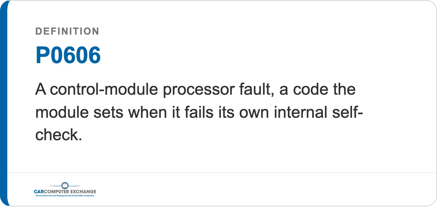 P0606: a control-module processor fault, a code the module sets when it fails its own internal self-check.