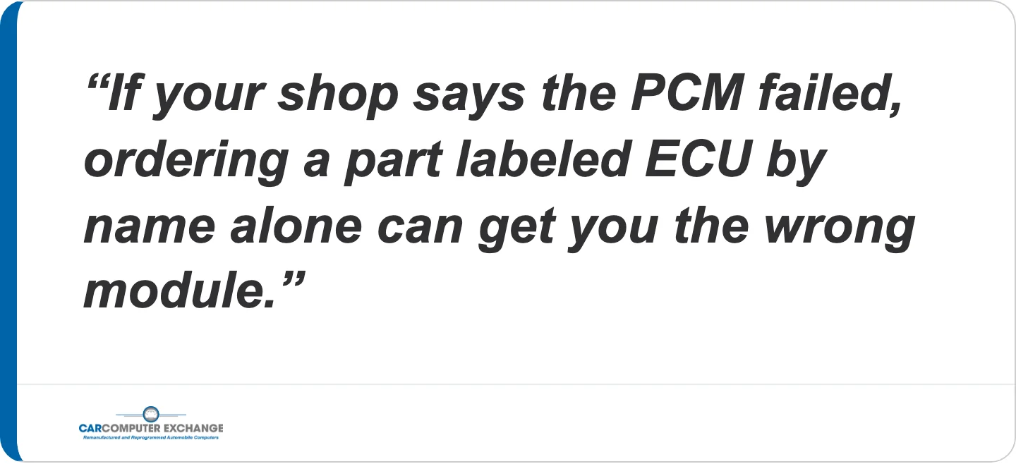 If your shop says the PCM failed, ordering a part labeled ECU by name alone can get you the wrong module
