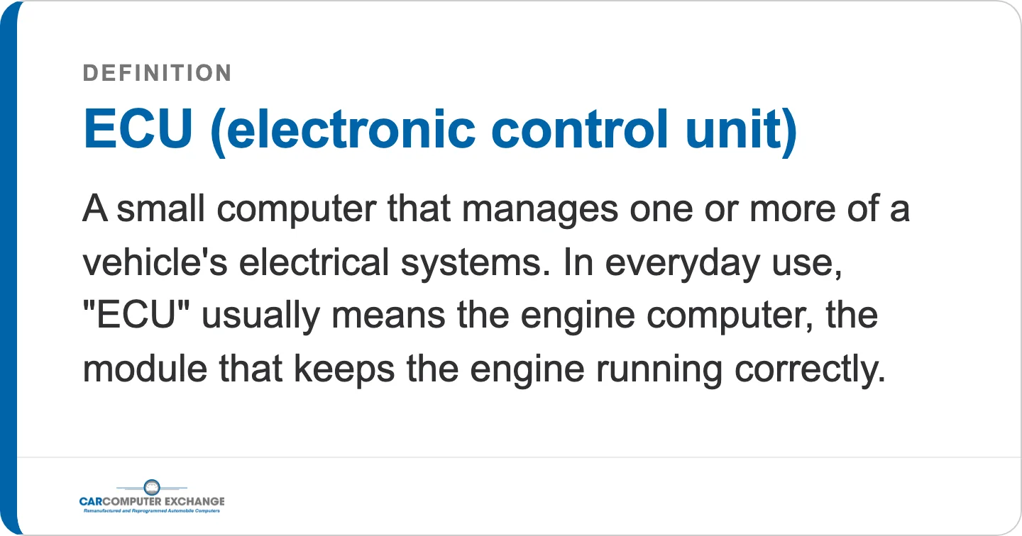 ECU (electronic control unit): a small computer that manages one or more of a vehicle's electrical systems, usually meaning the engine computer